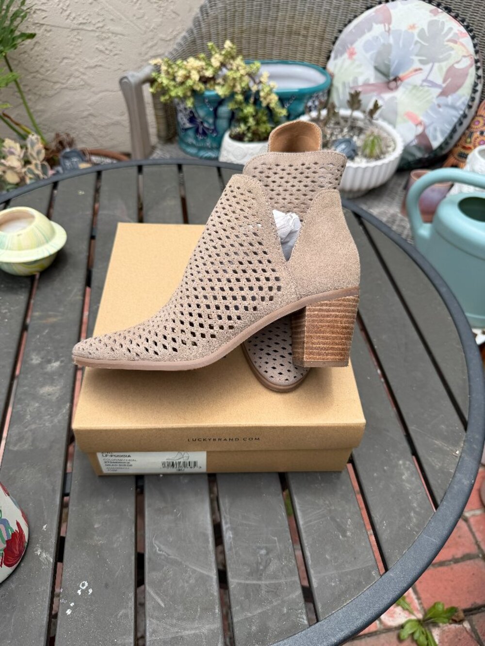 Lucky Brand Shoes | {Lucky Brand} Podgia Suede Perforated Booties | Color: Cream